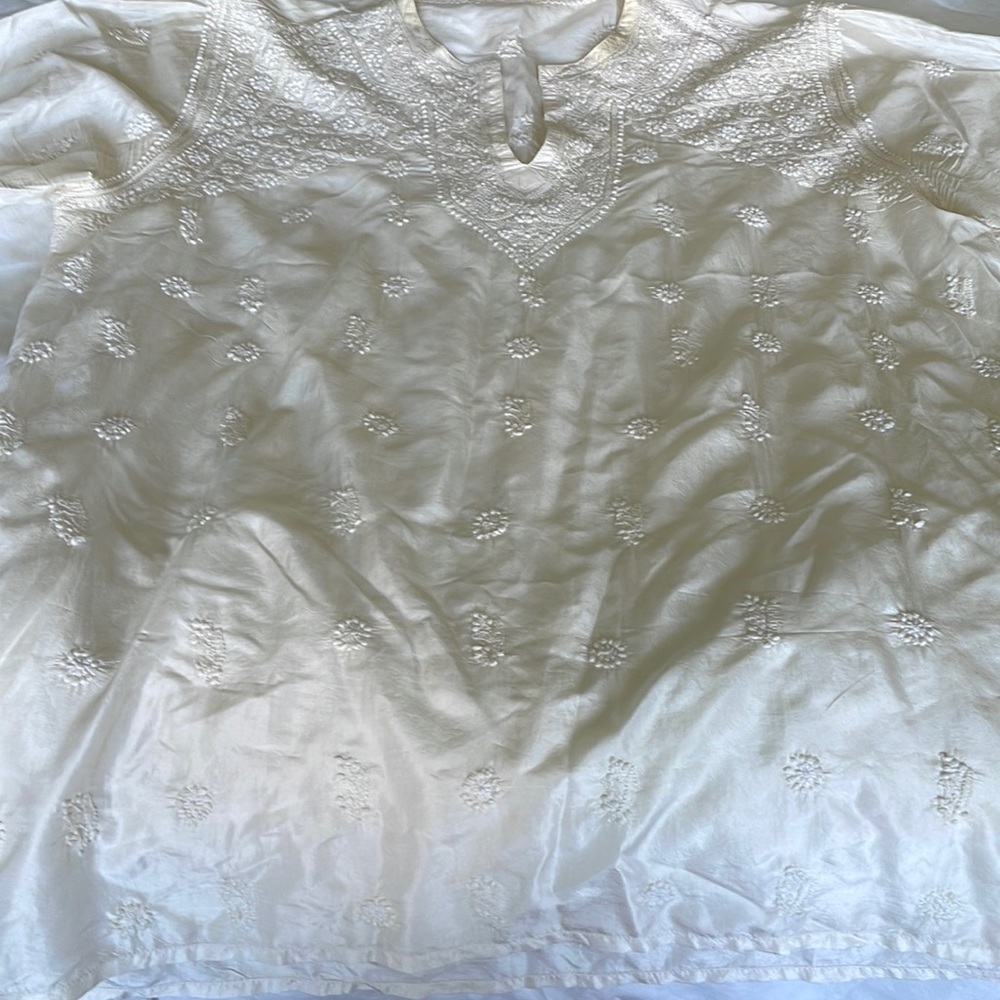 Beige silk chickankari kurti- lucknowi style.